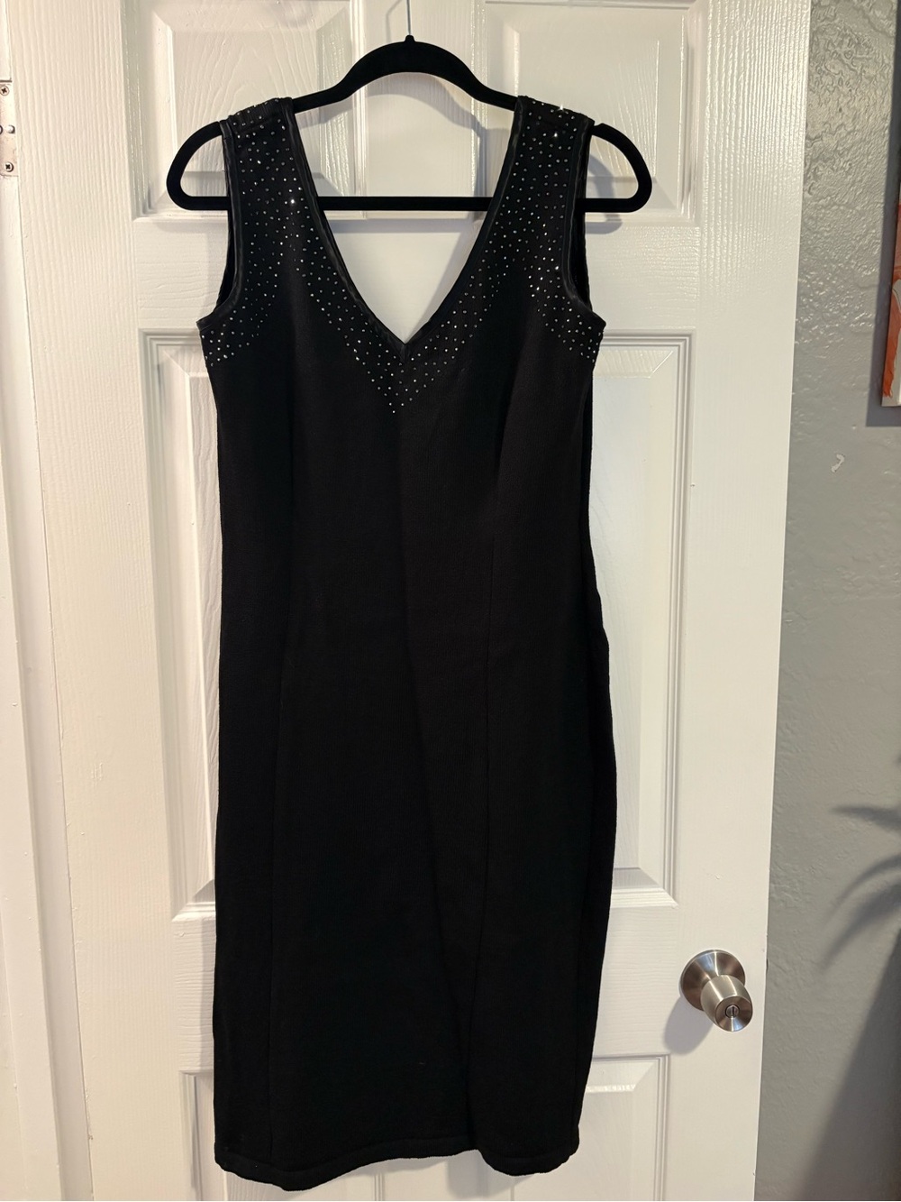 Black V-Neck Midi Dress with Studded Neckline